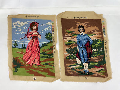 #ad Vtg 2 Finished Needlepoint Victorian Dress Girl amp; Boy Couple for Pillow Frame $29.97