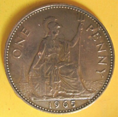 #ad 1965 one penny coin QUEEN ELIZABETH II slight wear Polished GBP 1.15