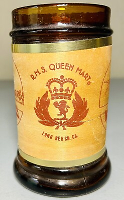 #ad Vintage RMS Queen Mary Wood Wrapped amp; Handle Brown Glass Mug Long Beach CA Rare $26.99
