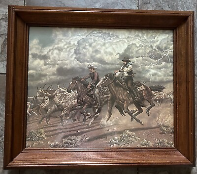 #ad AMERICANA ART Joe Ruiz Grandee’s ‘Cattle Drive’. Longhorns Cowboys Horses. VGC $65.00