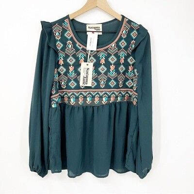 #ad NWT Savanna Jane Teal Embroidered Blouse Size L Ruffle Shoulder Tribal Print $23.88