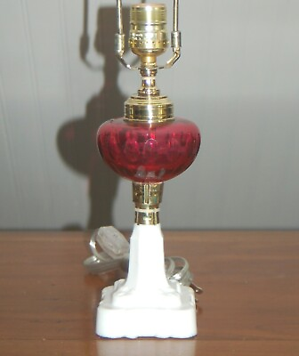 #ad Red CRANBERRY MILK Glass HURRICANE Lamp Brass White Oil Conversion Fenton Sm $84.99