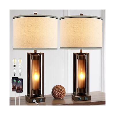 #ad RORIANO Rustic Table Lamps for Living Room Set of 2 with 2 USB Ports Farmhou... $131.31