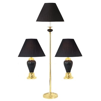 #ad Set Of Three 64quot; Gold Ceramic Bedside Floor and Table Lamp Set With Black Empir $225.31
