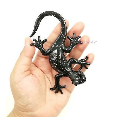 #ad Gecko Lizard Black Clear Silver Glitter Art Hand Blown Glass Animal Figurine $21.99