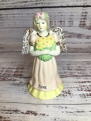 #ad Vintage June Birthday Angel Bell Figurine Flowers Summer Decor $15.29