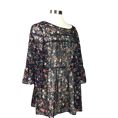 #ad Pleione Size Large Sheer Navy Floral Tunic Top Cottage Romantic Garden Dressy $6.99