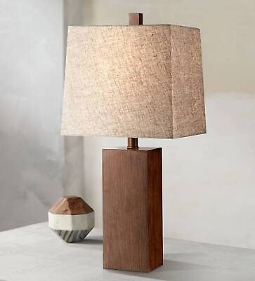 #ad Modern Table Lamp Rectangular Block Wood Tan Fabric for Living Room Bedroom $34.95