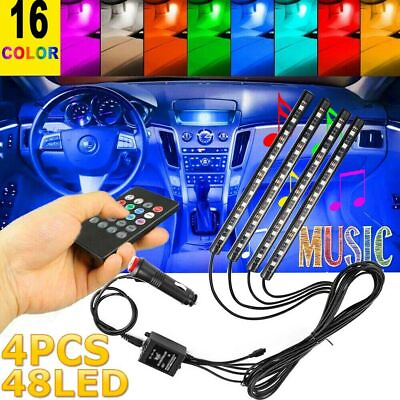 #ad Car RGB 48 LED Light Strip Interior Atmosphere Neon Lamp Remote Control For Cars $9.77