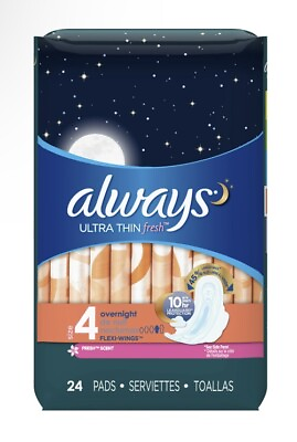 #ad Always Ultra Thin Fresh Overnight Pads with Wings Clean Scent Size 4 24 Ct $10.99