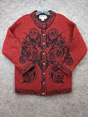 #ad Harley of Scottland Sweater Women Medium Red Black Merino Wool Cashmere Cardigan $59.00