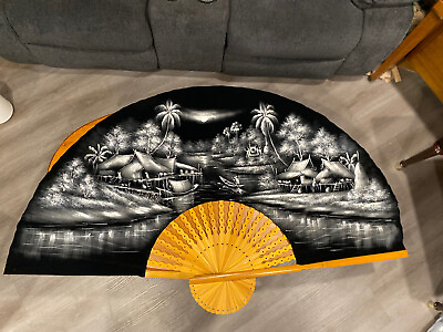 #ad Large Vintage 60*35 in Oriental Wall Hanging Folding Fan Hand painted Black $29.99