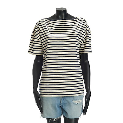 #ad SAINT LAURENT 490$ Short Sleeve Navy Striped Tshirt Logo Embroidery $171.50