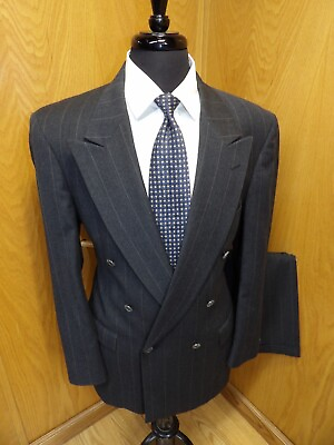 #ad Baskin Mens Suit 42r 32 X 30.5 Dark gray Pinstripe Double Breast 100% Wool T#10 $49.99