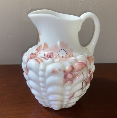 #ad Vintage Milk Glass Hand Painted Drape Pattern Cranberry Floral Pitcher $59.99
