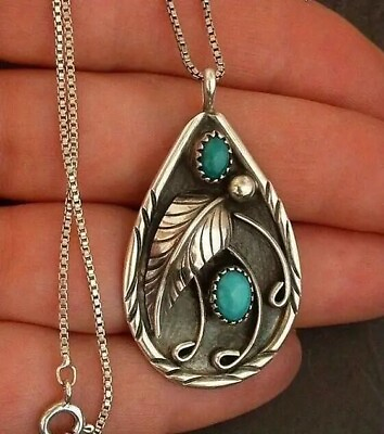 #ad Silver Plated Inlaid Turquoise Vintage Dyed Retro Feather Pendant Necklace Gift $9.98