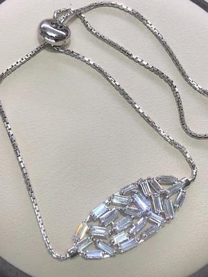 #ad Platinum Sterling Silver White Sapphire Baguette Adjustable Halo Oval Bracelet $95.00