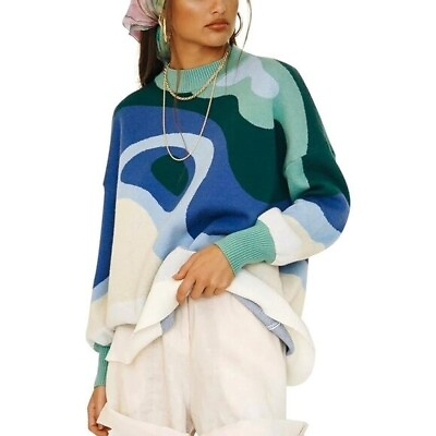 #ad Boutique Blue amp; Green Swirl Print Crewneck Sweater M $24.95