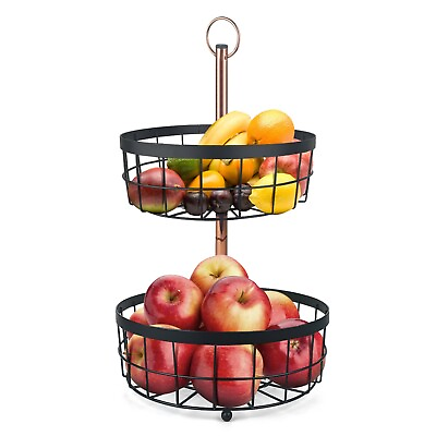 #ad 2 Tier Fruit Basket Bowl Vegetable Storage Countertop Rack Black Gold Kitchen $12.00