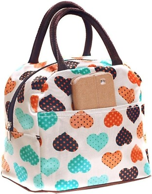 #ad New Colorful Hearts Print Insulated White Lunch Bag Martiple TM $6.99