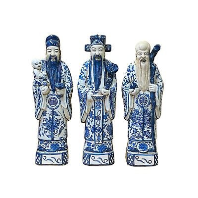 #ad Chinese Distressed Blue White Color Fengshui Fok Lok Shao Figure Set ws2079 $422.50