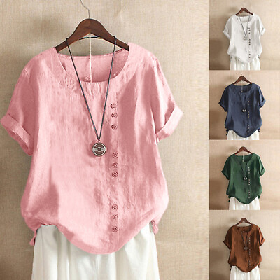 #ad Women Short Sleeve Solid Tops Ladies Cotton Linen Casual Shirt Loose Blouse US $16.09