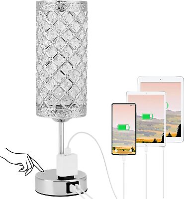 #ad Silver Crystal Table Lamp3 Way Dimmable Bedside 15.35in 2 USBAC $54.62
