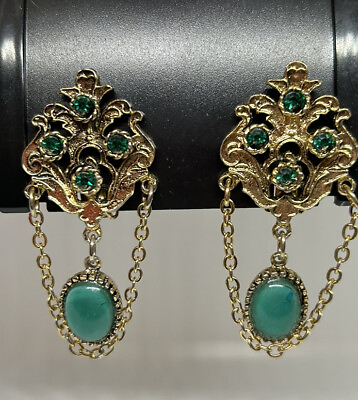 #ad Georgian Era Style Earrings Gold Filled Green Cabochons Long Drop Clip on *Rare* $28.97