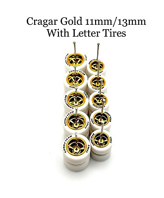 #ad 5x Gold Cragar 11 13mm Wheels w Lettered White Rubber Tires 1 64 H0T Wheelz $25.00