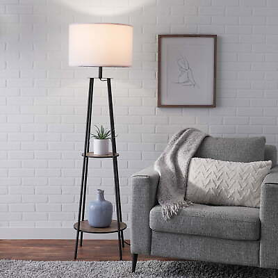 #ad Mainstays 62quot; Matte Black Mid Century Style Floor Lamp with 2 Wood Shelves $72.61