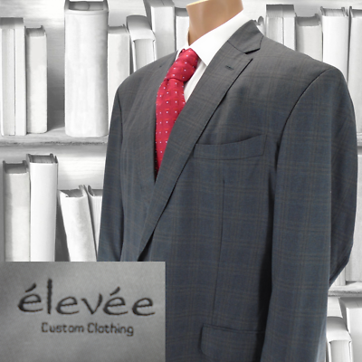 #ad Elev#x27;ee Bespoke Men#x27;s 44R Gray Windowpane Suit jacket Blazer Wool Made in USA $49.99