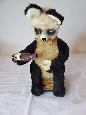 #ad Vintage 1950s Alps Japan Battery Operated Picnic Drinking Panda Bear Tin Toy $18.00