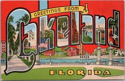 #ad LAKELAND Florida Large Letter Postcard Langford Promenade Scene 1940s Linen $5.99