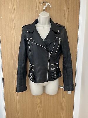 #ad Feminin Touch REAL LEATHER Vintage black Biker Style Ladies Jacket Size 10 GBP 75.00