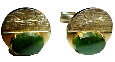 #ad Genuine Green Jade Vintage CuffLinks Goldtone Beautiful Patented 1940s $18.12