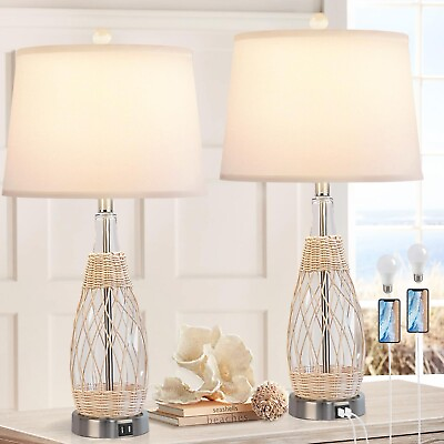 #ad #ad Glass Table Lamps for Bedroom Set of 2 Coastal Bedside Lamps with USB Ports ... $138.38