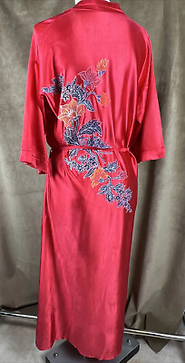 #ad Vintage quot;Julie Girlquot; Long Kimono Robe Womens M Red Floral MCM $24.99