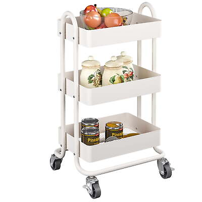 #ad 3 Tier Rolling Cart Metal Utility Carts with Wheels White $27.07