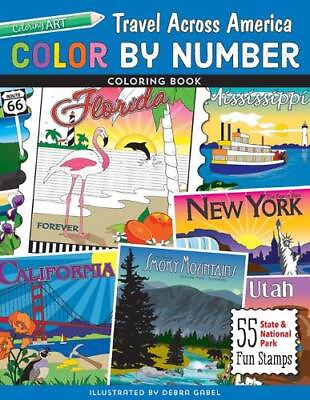 #ad COLOR BY NUMBER TRAVEL ACROSS AMERICA COLORING BOOK: 55 By Debra Gabel EXCELLENT $13.75
