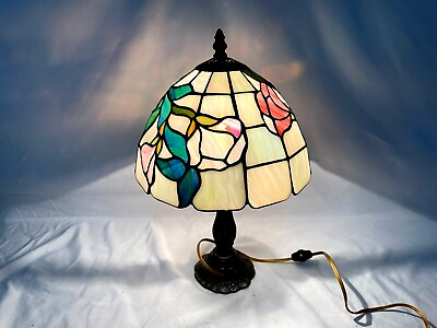 #ad Tiffany Style Stained Iridescent Glass Floral Table Lamp 16quot; Tall 10quot; Wide VTG $71.95