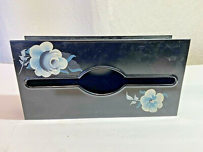 #ad Vintage Tissue Box Holder Metal Toile Painted Floral Black Wall Mount 1950s $24.99