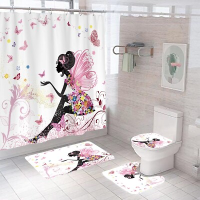 #ad Fairy Bathroom Rug Set Shower Curtain Thick Non Slip Toilet Lid Cover Bath Mat $92.26