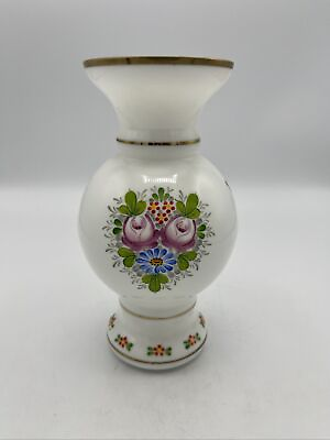 #ad Milk Glass Hand Painted Floral White Gold Rim Vase 7quot; Tall $22.95