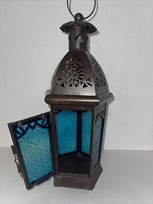 #ad Hanging Candle Lantern Bohemian Style Punched Tin Metal Textured Blue Glass 14” $26.95