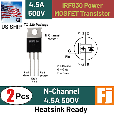 #ad 2 Pcs IRF830 quot;IRquot; Power MOSFET N Channel 4.5A 500V Transistor 100W US Ship $6.77