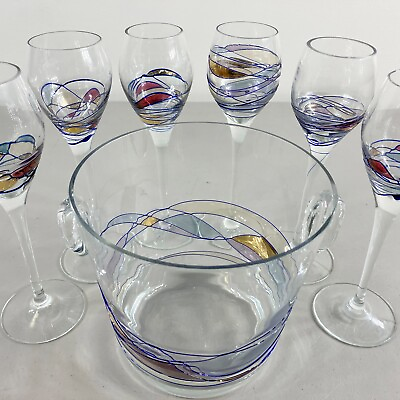 #ad Milano Romanian Crystal Mosaic Lot of 6 Small Wine Glasses and Ice Bucket $112.00
