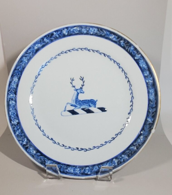 #ad Vintage Chinese Blue Enameled Hand Painted Plate w Deer Floral Rim 9 inch $68.00