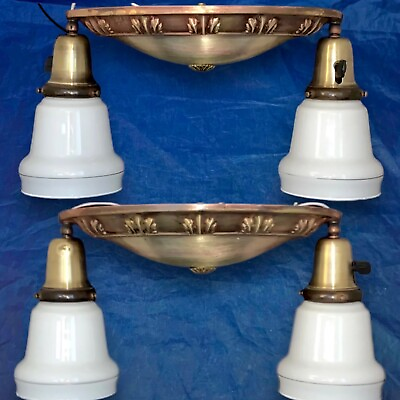 #ad Pair Brass Flush Mount Fixtures Milk White Shades Rewired Set 90D $577.50