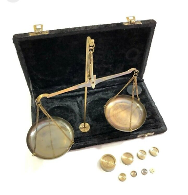 #ad Antique Brass Velvet Scale Box Jewelry Balance Scale w Weights Scales Vintage $54.25