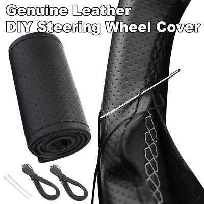 #ad Genuine Leather DIY Car Steering Wheel Cover Anti slip For 15quot; 38 cm Black US $9.99